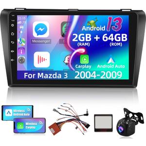 [2+64GB] Android 13 Car Radio Stereo for Mazda 3 2004-2009 - 9 inch HD Touch Screen EQ Audio - Wireless Carplay & Android Auto, WiFi, GPS, BT, Mirror Link, FM, SWC + AHD Backup Camera + Canbus +Mic