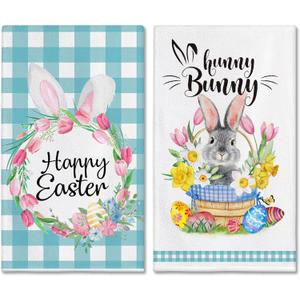 Hexagram Easter Kitchen Towels 18'x 28', Bunny Easter Hand Towels for Bathroom Set of 2, Bunny Decor