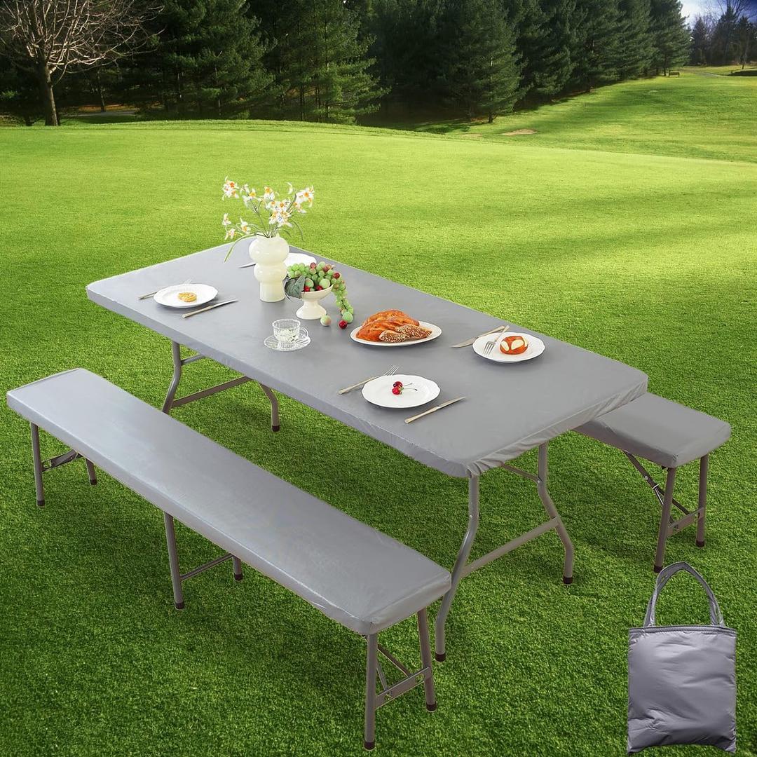 SASTYBALE Picnic Table Cover with Bench Covers, 3-Piece Waterproof Elastic Fitted Vinyl Tablecloth Set with Flannel Backing and Carry Case for 6FT Picnic Tables and Benches, Gray, 72 x 30 Inch