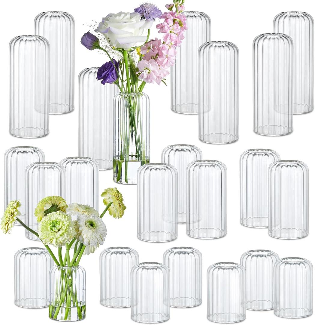 24Pcs Glass Cylinder Vases, Clear Ribbed Bud Vases for Centerpieces Weeding Decoration, Tall Clear Flower Vases in Bulk for Table Shelf, Party(Ribbed)