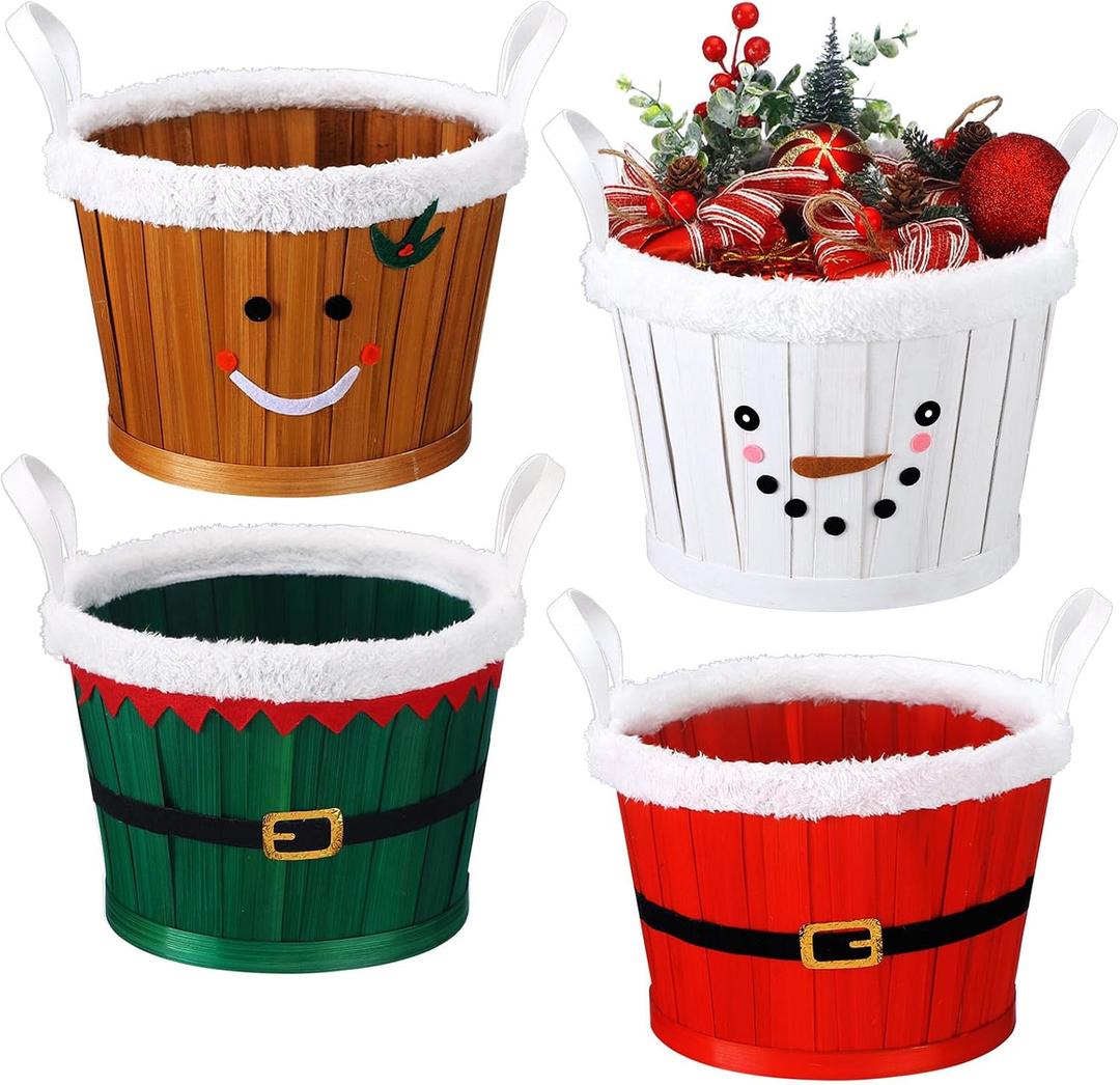 Youyole 4 Pieces Christmas Basket for Gifts Woven Bamboo Xmas Round Gingerbread Basket Small Santa Claus for Christmas Party Supplies Gift Snack Storage(Tall and Handle)