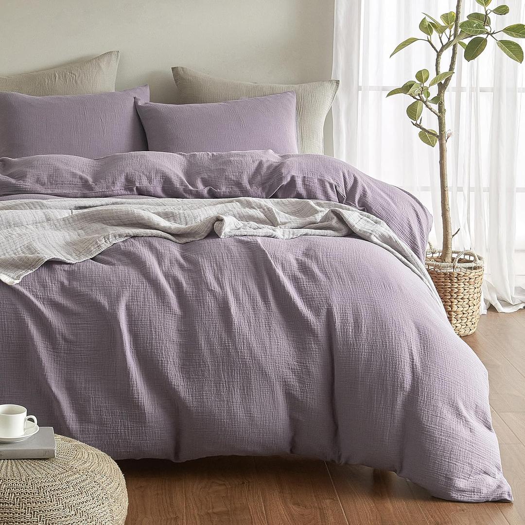 SE SOFTEXLY Muslin Duvet Cover King Size, 100% Washed Cotton Duvet Cover Set, Ultra Soft Comforter Cover Linen Like, 3 Pieces Minimalist Gauze Duvet Cover with 2 Pillowcases, 90"x104", Purple Grey