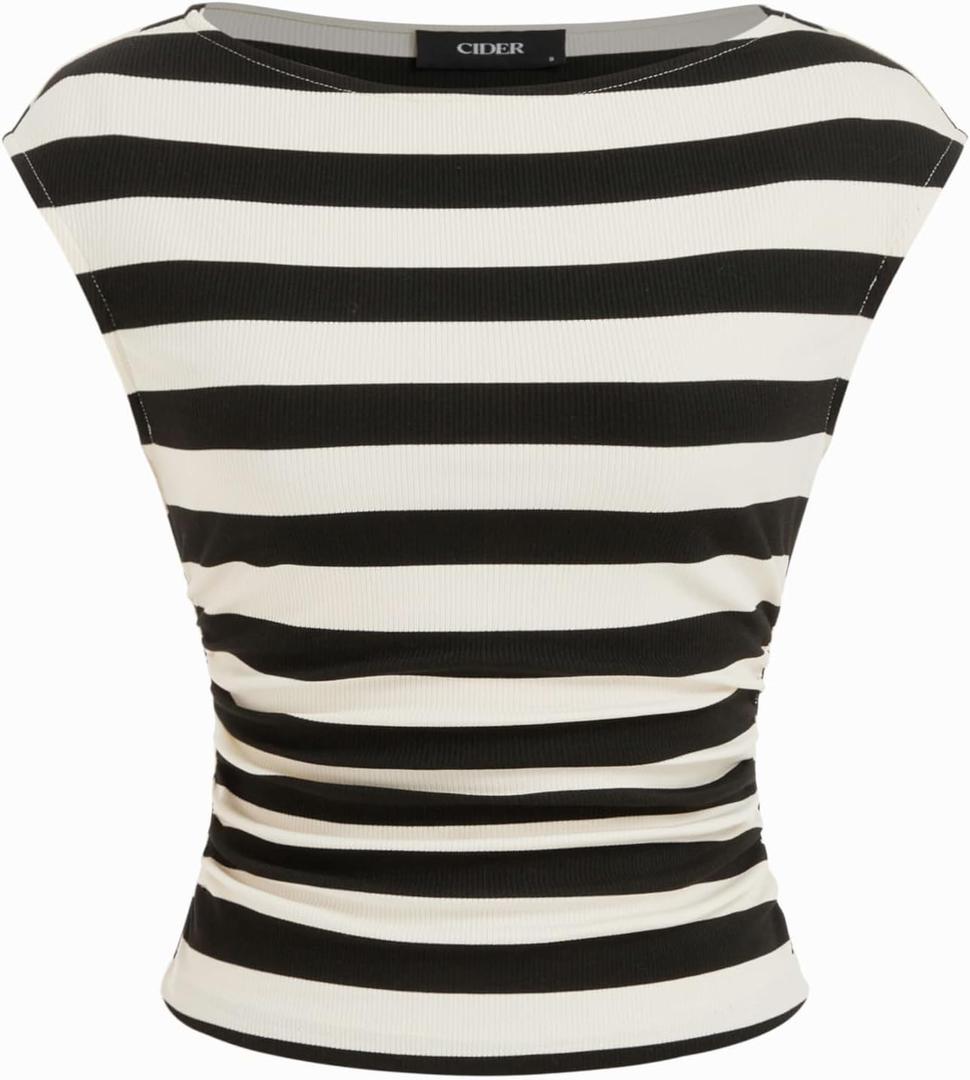 CIDER Striped Boat Neck Tops for Women Sleeveless Ruched Crop Tank Tops Slim Fit Trendy Summer Outfits Casual, S