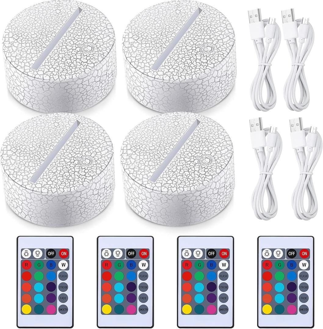 Honoson 4 Pieces 3D LED Lamp 16 Color Illusion Light Crack Night Base Battery or USB Operated Remote Control Light Stand Base for Christmas, Birthday