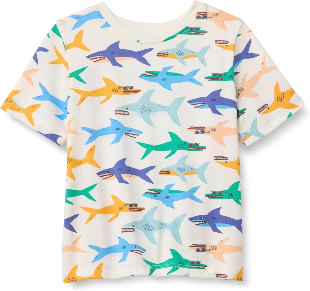 Amazon Essentials Boys Short-Sleeve T-Shirts (Large, Ivory Sharks)