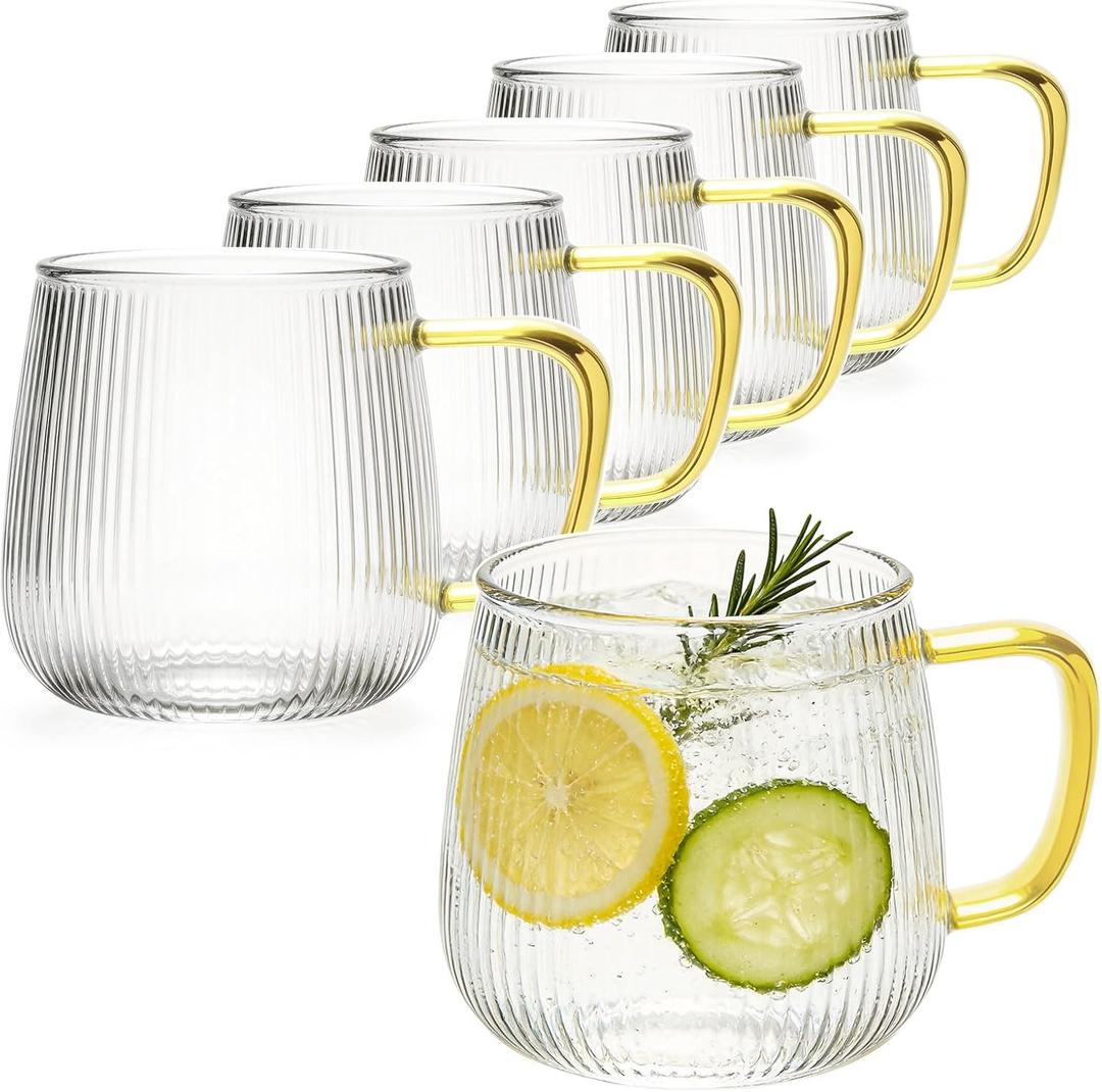 Greentainer Borosilicate Glass Coffee Mugs Set of 6, 20 oz Large Ribbed Drinking Water Glasses, Clear Tea Cups with Handle for Latte, Cappuccino, Hot/Cold Beverages, Dishwasher Safe Glassware