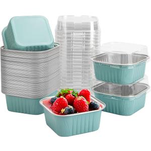 50 Pcs Mini Square Baking Cups with Lids, 5oz Aluminum Foil Mini Cake Pans with Lids, Disposable Ramekins Cake Pans, 150ml Dessert Cups Cupcake Pans for Wedding Birthday Party, Blue