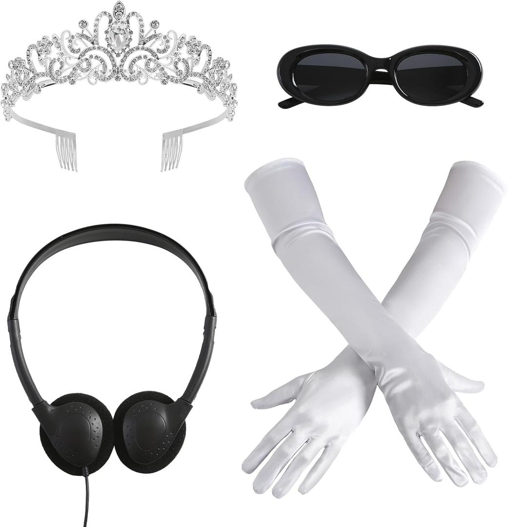 4 Pcs Princess Costume Accessories Set Women Tiara Crown Sunglasses Long Gloves Fake Headphone Dress Up Party