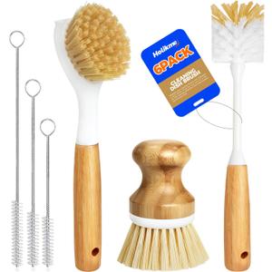 Holikme 6 Pack Dish Brush Kitchen Brushes Set with Bottle Brush, Dish Brush, Palm Scrub Brush and Straw Brush, Fruit Vegetable Cleaning Brushes, Long Handle for Skillet Wok Pot Pan Cast Iron, Yellow