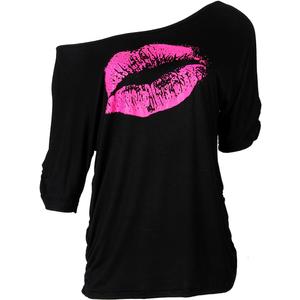 Smile Fish Women Casual Oversized Sexy Lips Print Off Shoulder T-Shirt (Black, XXL)