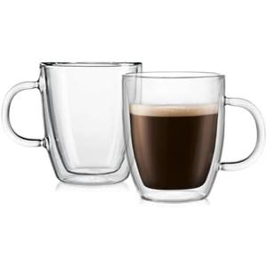 Bodum 12 oz Bistro Double Wall Insulated Mug, High-Heat Borosilicate Glass, Set of 2, Clear