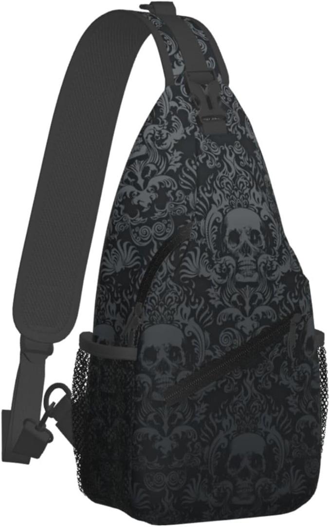 MEDTOGS Skull Sling Bag,Victorian Gothic Sling Backpack Black Crossbody Bag Men Casual Shoulder Daypack for Women Men Lightweight Travel Hiking Gym
