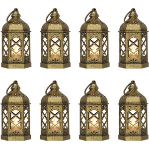 Mini Lantern with Flickering LED Candles for Halloween, LLQ (8Pack-5Inch) Vintage Decorative Candle Lanterns for Christmas Wedding Party Baby Shower Table Centerpiece, Xmas Tree Hanging Ornaments (Brushed Brass), 8 Pcs