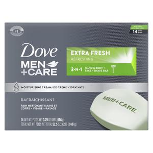 Dove Men+Care Bar 3 in 1 Cleanser for Body, Face, and Shaving Extra Fresh 14 Bars to Clean and Hydrate Skin Body and Facial Cleanser Mandarin Citrus, Patchouli, and Rosemary scent 3.75 oz