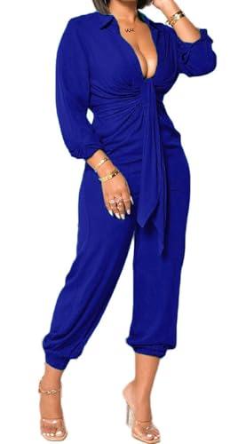 Royal Blue Elegant Jumpsuits for Women Dressy Long Sleeve V Neck Solid Stretchable Bandage Long Pants Rompers Party Club Date Night Outfits(Royal Blue,M)