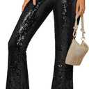GRAPENT Sequin Pants for Women Flare High Waisted Pull On Elastic Waist Party Club Night Out Dance Stretch Sparkly Pants (X-Large, Black)