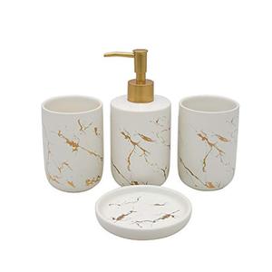 ABHOME 4 Piece Bathroom Accessory Set Ceramic White with Gold Marble Texture Modern - Soap Dish, Liquid Soap Dispenser, Toothbrush Tumbler Cup (White)