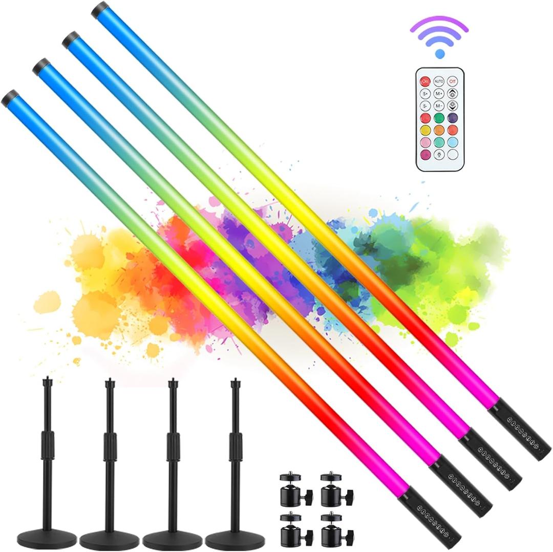 4Pack 5000mAh Battery Powered 4ft RGB led Tube dj Light bar with Stand Colored Video Stick Lights for 360 Photo Booth Studio Dance Club Party Wedding Events Stage Lighting
