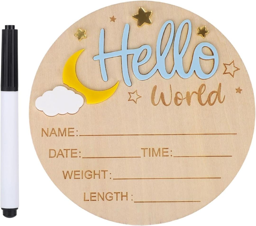 Birth Announcement Sign, Wood Hello World Newborn Name Board Welcome Baby Plaque for Hospital Nursery Gender Reveal(Style 2)