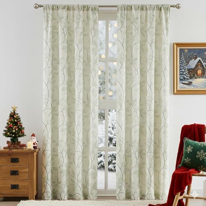 Tollpiz 63"  Leaves Short Sheer Curtain Sage Green Leaf Embroidery Living Room Curtains Rod Pocket Voile Faux Linen Embroidered Leaves Curtain for Bedroom, 40 x 63 inches Long, Set of 1 Panel