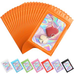 ANZNKU 100 Pack Mylar Bags Reasealable Holographic Bags, Smell Proof Bag Zipper Pouches with Clear Window, Jewelry Candy Sealable Goodie Bag for Packaging Sample Party Favor (Orange, 7.1 x 10.2 Inch)