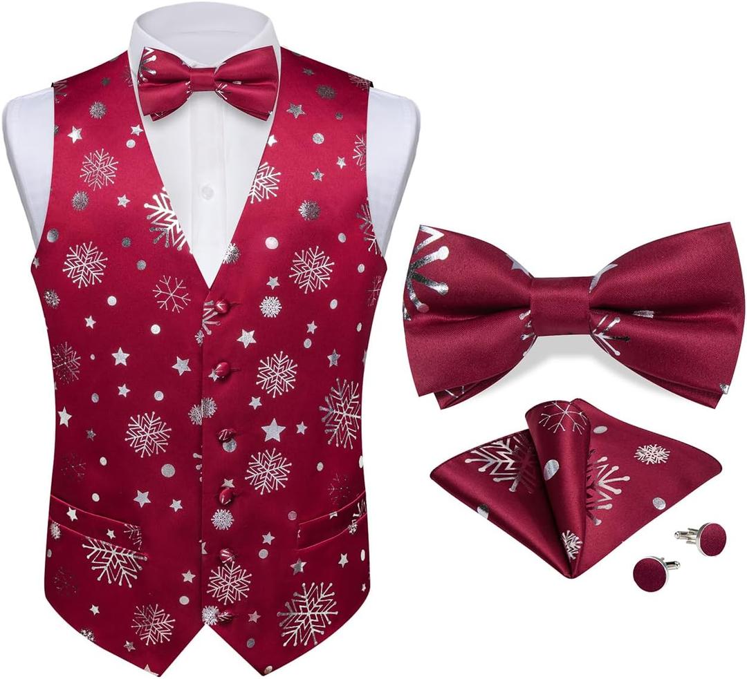 DiBanGu Mens Christmas Vest and Bow Tie Set Festival Christmas Snowflake Suit Vest for XmasNew Year Party Formal (Large, Burgundy Red Silver Snowflake)