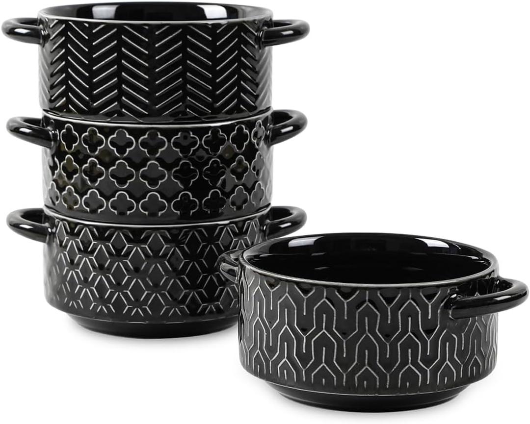 Sureasy Soup Bowls with Handles, Ceramic French Onion Soup Bowls 20 oz, Oven Safe Soup Crocks for Beef Stew, Chili, Cereal, Pot Pies, Embossed Serving Bowls Set of 4, Gift, Black