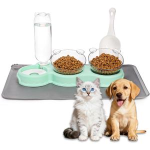 Cat Food Water Bowl, Triple Cats Bowls with Mat and Scoop, 15 Tilted Raised Cat Bowl Dishes with Automatic Water Bottle, Pet Feeding Bowls for Cats, Small Dogs, Wet, Dry Food