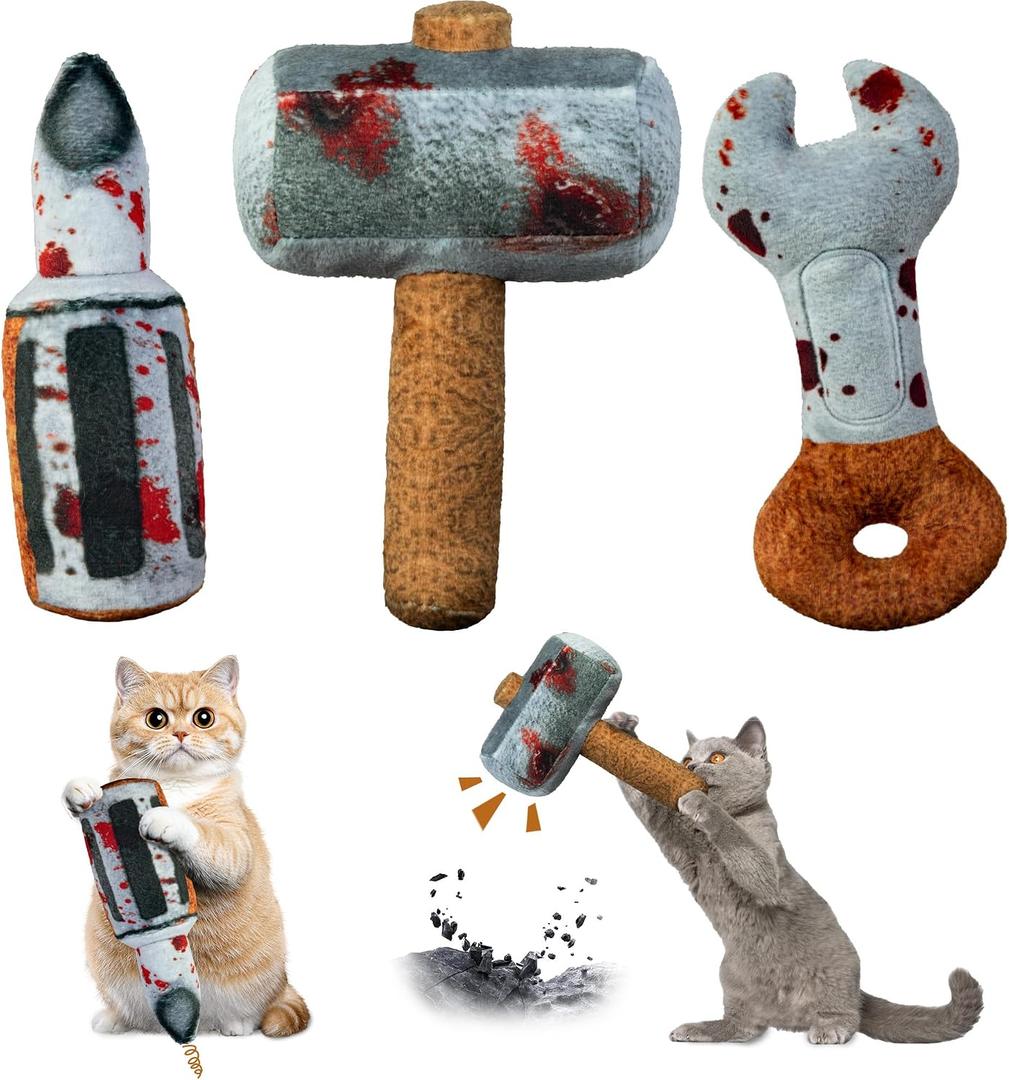 2 x Cat Toys Funny Tools 3 Pcs, Horror Adult Cat Enrichment Catnip Toys with Crinkle Sound, Realistic Design Gifts for Bored Indoor Exercise, Halloween, Photo Moments (6.57")