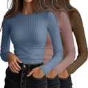 Ficerd 3 Pack Women's Ribbed Long Sleeve Tops, Crew Neck Slim Fit Undershirts Knit Basic Casual Stretch Layering Tee Shirts (Medium, Light Haze Blue, Red Bean Paste, Cold Brown)