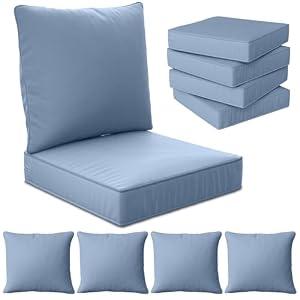 24" x 24" x 6" Outdoor Deep Seat Cushions Set - 4 Set Waterproof & Fade Resistant Patio Furniture Replacement Cushions, Non-Slip Outdoor Cushions Fit Loveseats, Couches, Chairs, and Sofas, Blue Gr
