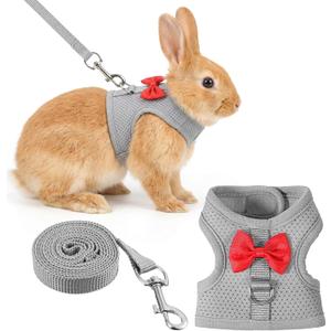 Bunny Leash and Harness Set, Rabbit Harness Vest, Bunny Harnesses, Adjustable Straps Design, Soft Mesh Harnesses for Puppies, Kitten, Guinea Pigs, Grey S