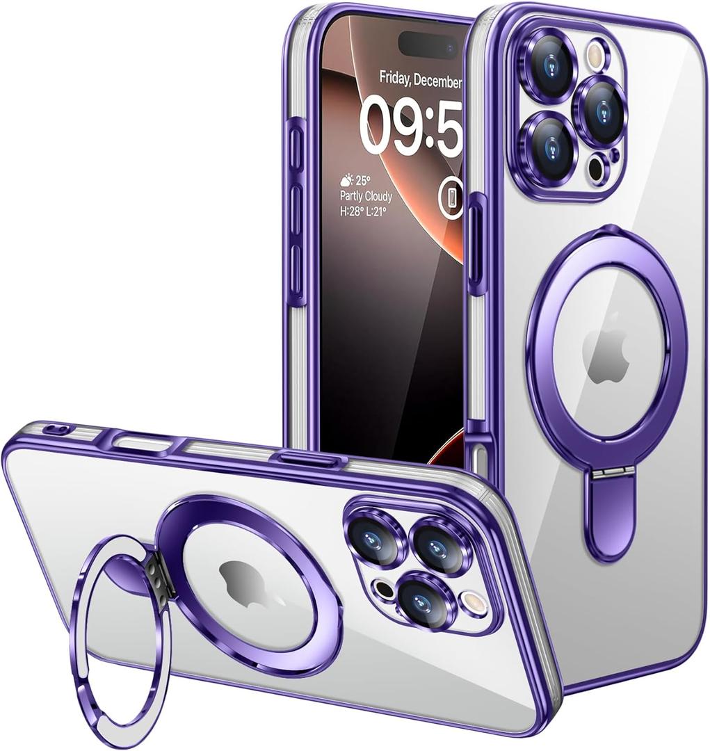 for iPhone 16 Pro Max Case,with Magnetic Invisible Ring Stand,Camera Lens Protecto,Transparent Electroplating Soft TPU Bumper Phone Case,Unisex Not Yellowing Slim Fit Case,Purple JUS25-15