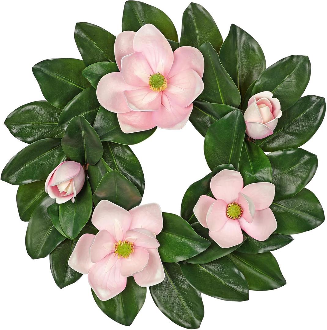 20" Artificial Wreath for Front Door Pink Magnolia Wreath Greenery for Easter Spring Housewarming Wedding Farmhouse Mantel Door Decoration