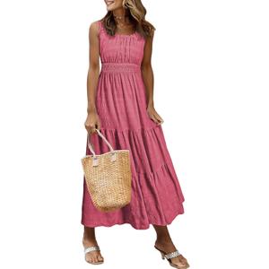 AlvaQ Women Summer Dresses Sleeveless Smocked Midi Dress High Waist Casual Tiered A Line Sundress with Pockets (Pink, M)