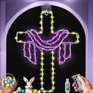 Cross with Drape Window Light 12in Hanging Outdoor He is Risen Lent Decoration Light Jesus Door Sign Decoration Lights Religious Cross Sign with Suction Cup Religion Party Supplies