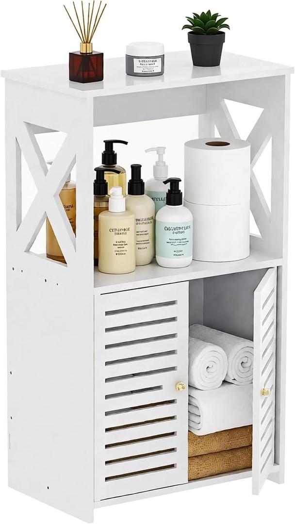 BYFU Bathroom Storage Cabinet, 3-Tier White Small Floor Cabinet Freestanding Organizer with Door and Shelf for Living Room Hallway Kitchen Small Space