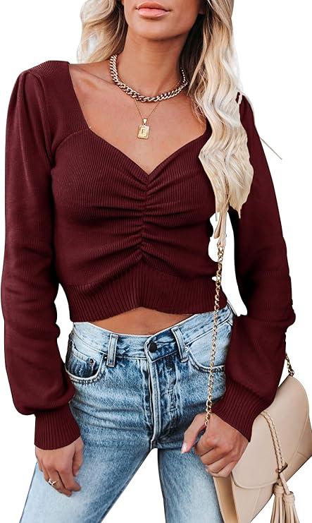 PRETTYGARDEN Fall Long Sleeve Cropped Sweaters for Women 2024 Off The Shoulder V Neck Ruched Ribbed Knit Going Out Tops
Size M