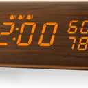 JALL Digital Alarm Clock, with Wooden Electronic LED Time Display, 3 Alarm Settings, Humidity & Temperature Detect, Wood Made Electric Clocks for Bedroom, Bedside (Brown)