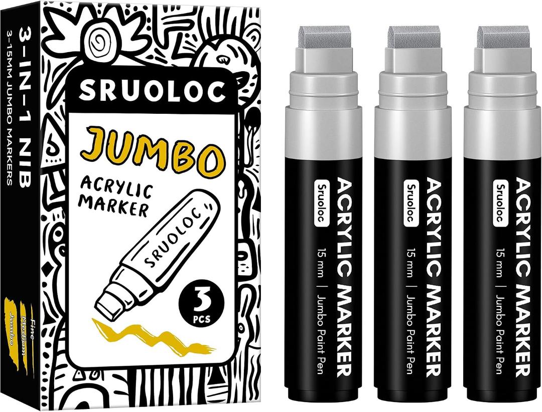 SRUOLOC 3 Jumbo Permanent Markers Silver, 15mm Thick Wide Tip, Large Acrylic Paint Markers for Rock Painting, Poster, Stone, Ceramic, Glass, Wood, Canvas