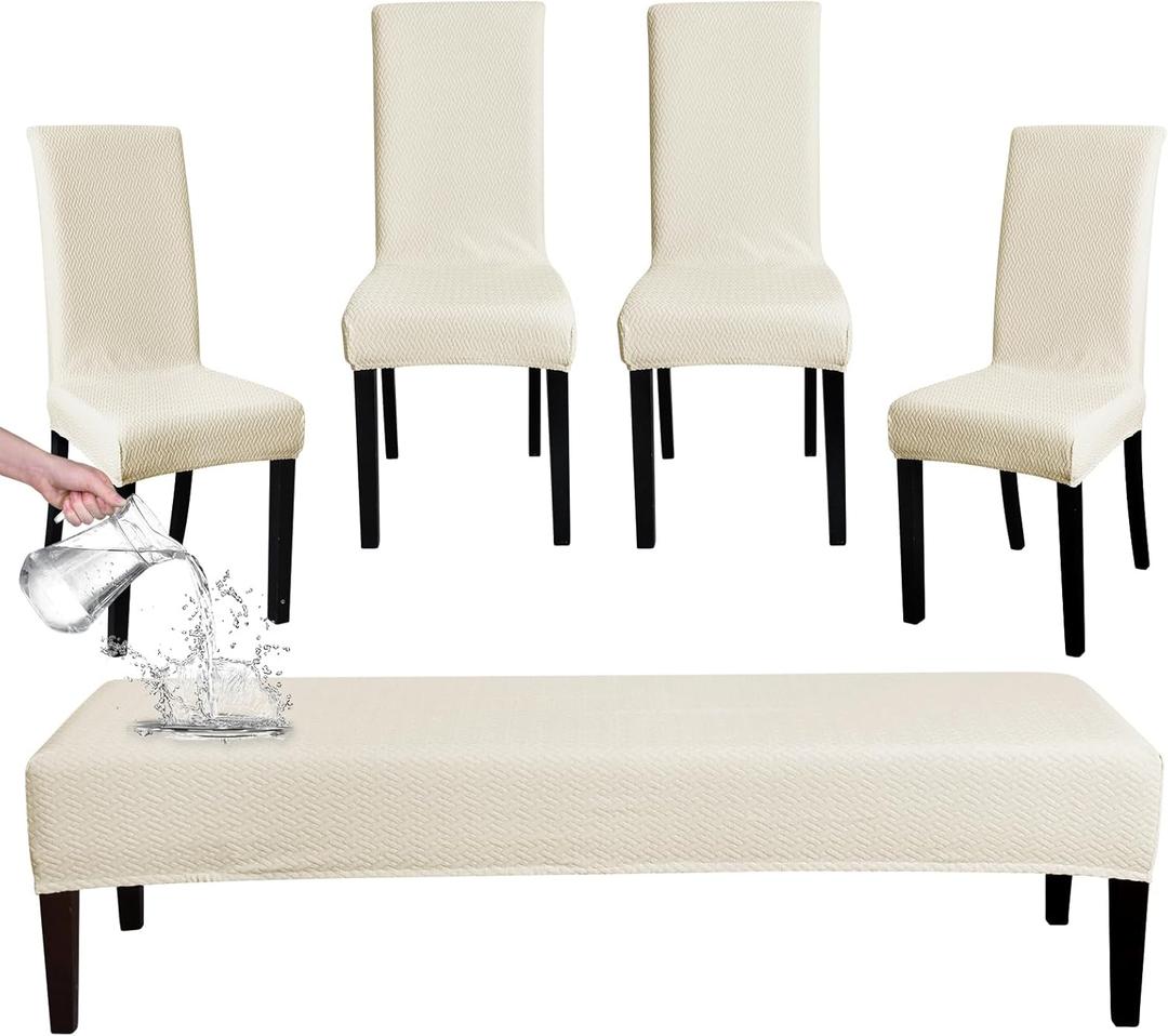 FORCHEER Dining Chair Covers and Bench Covers Set Waterproof Beige Jacquard Washable Parsons Chair Slipcover Removable Seat Protector for Dining Room- 4 PCS Chair Cover+1 PC Bench Cover