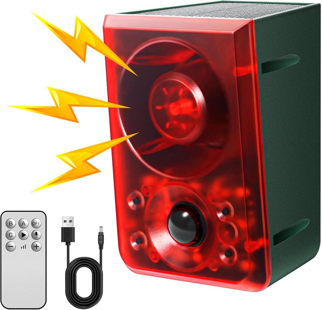 Solar Outdoor Motion Sensor Alarm - Dog Barking & Gunshot Sound, Support Recording and Volume Adjustment, 130dB Noise with Flashing Light to Deter Raccoon, Deer, Skunk, Bear, Coyote