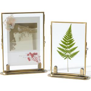 2 Pack Brass Floating Frame Vintage Gold Tabletop Frames for Picture 5 x 7 and 4 x 6, Double Glass Pressed Flower Frame Decor for Wedding Home Office