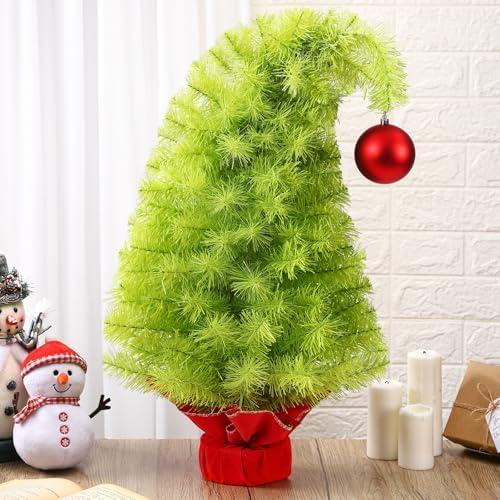 Motionchic 3 FT Small Christmas Tree Tabletop Decoration Whimsical Bendable Lime Green Christmas Artificial Tree with Red Ball Ornaments Xmas Holiday Desk Decoration for Home Office Table Fireplace