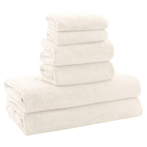 MOONQUEEN Ultra Soft Towel Set-Quick Drying - 2 Bath Towels 2 Hand Towels 2 Washcloths-Microfiber Coral Velvet Highly Absorbent Towel for Bath Fitness,Bathroom,Sports,Yoga, Travel(Cream, 6 Pcs)
