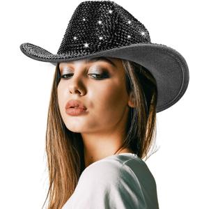 Hercicy Rhinestone Cowboy Hat with Diamond Fringe Bling Cowgirl Hat With Western Wide for Cosplay Wedding (Black)