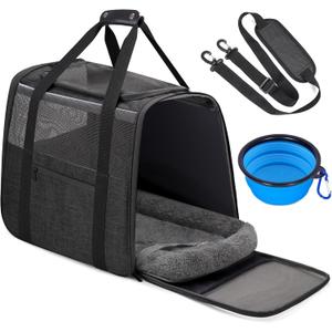 JUNGYOUN Premium Cat Carrier - Pet Carrier for Cat & Small Dogs up to 15lbs - Airline Approved Travel Dog Carrier with Anti-Escape Zippers, Collapsible Travel Bowl & Padded Strap,Dark Grey (17.5"L x 12.4"W x 13.5"H, Dark Grey(Thickened Wool Mat))