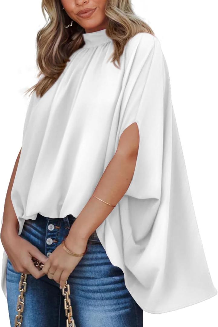 BTFBM Womens Summer Tops 2025 Fall Mock Neck Batwing Sleeve Shirts Loose High Low Hem Oversized Dressy Casual Blouses (Medium, White) BTFBM Womens Summer Tops 2025 Fall Mock Neck Batwing Sleeve Shirts Loose High Low Hem Oversized Dressy Casual Blouses (Medium, White)