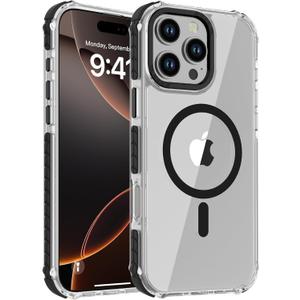 DEERLAMN Strong Magnetic Case for iPhone 16 Pro Max 6.9-Inch,[Compatible with Magsafe][Military Grade Drop Protection] Clear Slim Shockproof Protective Phone Cover-Transparent+Black