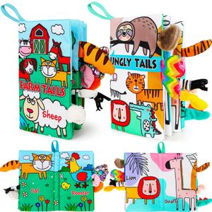 2Pack Soft Baby Books Animal Tails Toy Touch and Feel Crinkle Cloth Book Infant Toy with Non-Toxic Fabrics, Baby Shower, Thank You Valentine's Gifts for Newborn Boys and Girls 3-12 Months